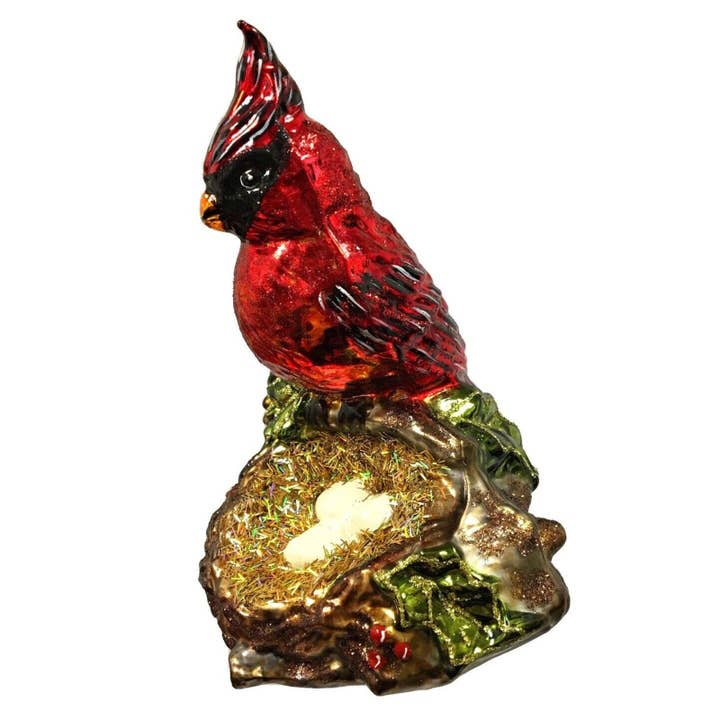 Ornement en verre polonais Cardinal avec nid d'œufs pour la vente par Pinnacle Peak Trading
