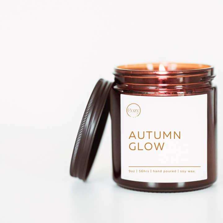 Autumn Glow 9oz soy candle for wholesale by Cozy Wicks Candle Company