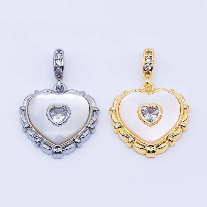 24K Gold Filled Clear CZ Shell Pearl Heart Pendant in Gold & Silver | AA1682 for wholesale by Aim Eternal