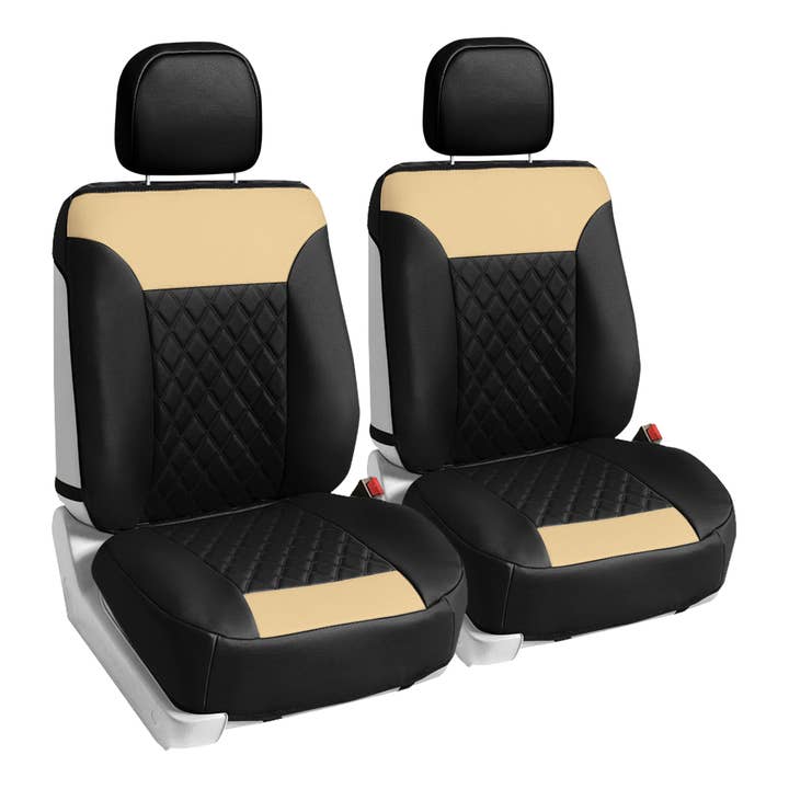 Cojines de asiento de coche de lujo de piel sintética con estampado de diamantes, juego frontal, beige y negro para venta al por mayor de FH GROUP