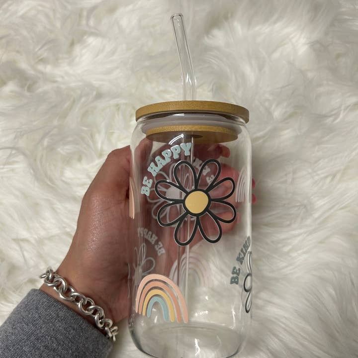 BE HAPPY Glass Cup 16OZ for wholesale by The Rowdy Chick
