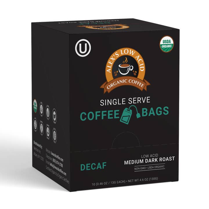 Alex’s Low Acid Coffee™ – Decaf Steep Bags for wholesale by Alex's Low-Acid Organic Coffee
