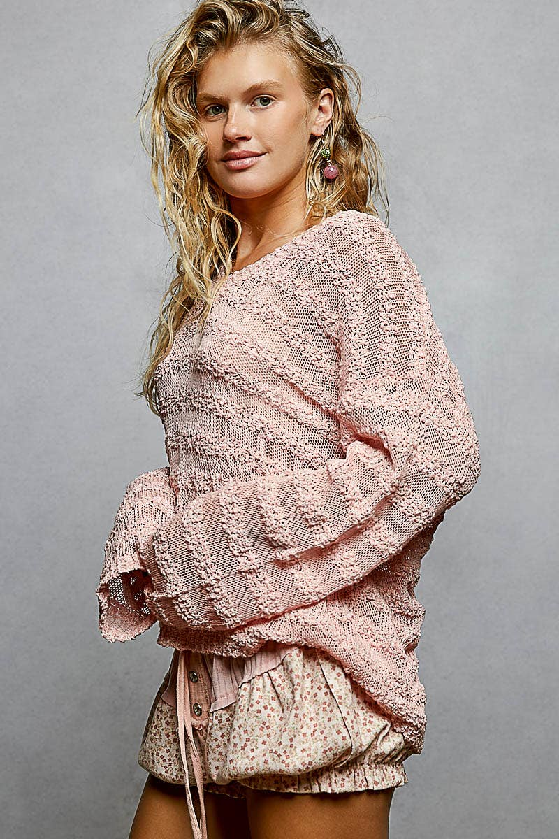 Pol Clothing - Wholesale Knit Sweater - Women's - V Neck Long Sleeve Striped Knit Acrylic Thin Sweater SALE14