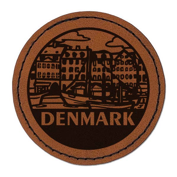 Denmark Nyhavn Country Destination Travel Landmark Round Iron-On Engraved Faux Leather Patch Applique - 2.5 Inch - Brown for wholesale by Sniggle Sloth