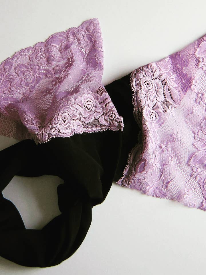 Black Vintage Style Scarf With Lilac Lace Trim for wholesale by Style Showroom