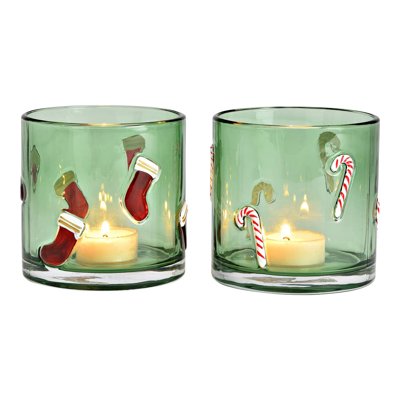 Wurm - Wholesale Kaarsenhouder - Windlicht Suikerstokken/Sinterklaasschoen Decoratie van glas, 2-delig, Groen/Rood (B/H/D) 10x10x10cm1