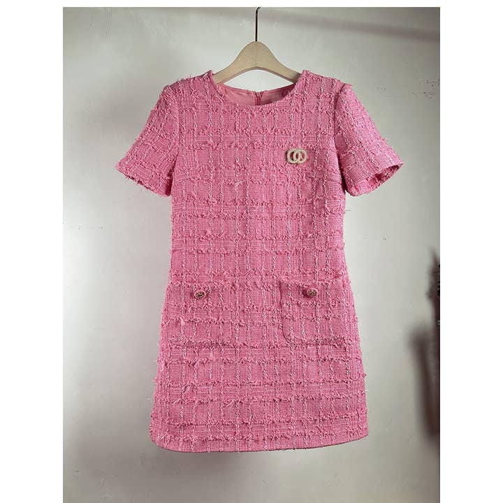 Robe en tweed rose élégante SY357 avec manches courtes pour la vente par Sanyao Fashion