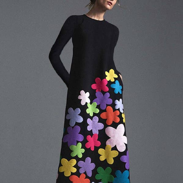 Long Sleeves Asymmetric Floral Round-neck Maxi Dresses for wholesale by FurDecoration