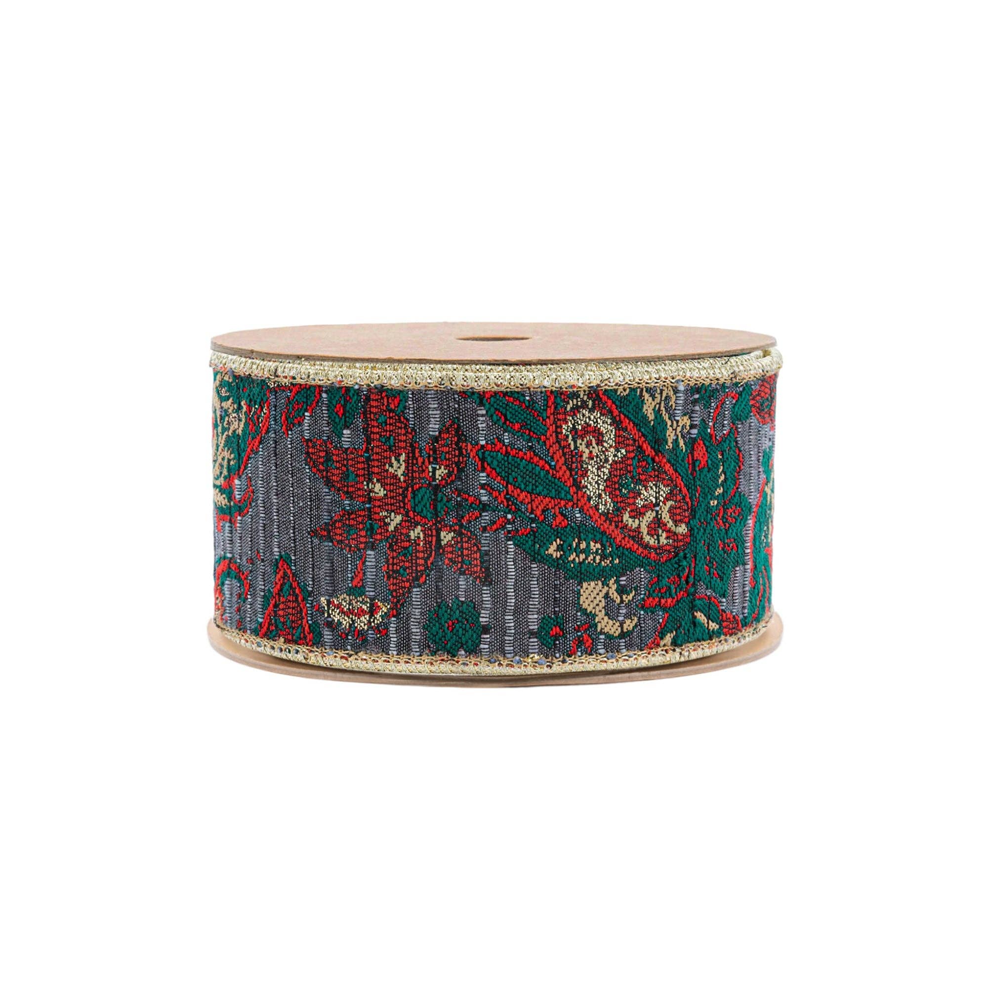 LA Ribbons Wholesale – Großhandel Band – Geschenke verpacken – 6,35 cm breites Jacquardband mit Drahtkante | Burgunderrotes Damast-Paisley mit goldener Dupioni-Rückseite | 9,14 Meter Rolle1