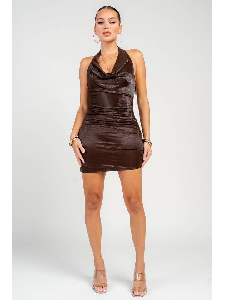 PRIVY - Wholesale Dress - Women's - Cowl Halter Neck Asymmetrical Hem Mini Dress4