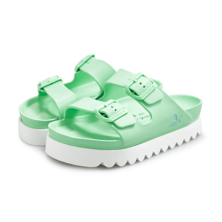 Avispas - Vente Claquettes – femme - Menthe au coucher du soleil. Sandales végétaliennes à boucles et plateforme