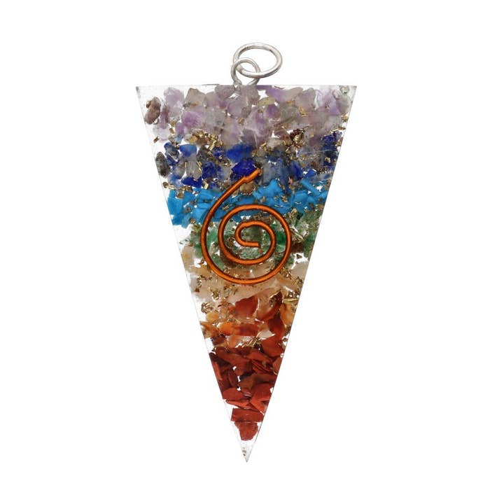 Orgonite style triangular resin pendant with chakras for wholesale by Vives de la Cortada S.L