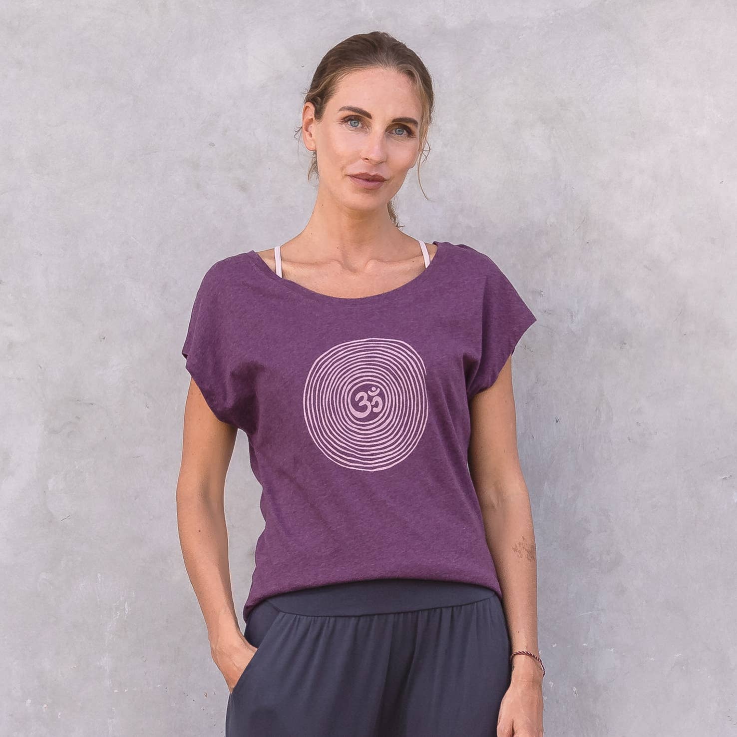 Jaya - Wholesale Screen Printed T-Shirt - Women's - Om yoga shirt, Om spiral front print, melange look, dance, yoga0