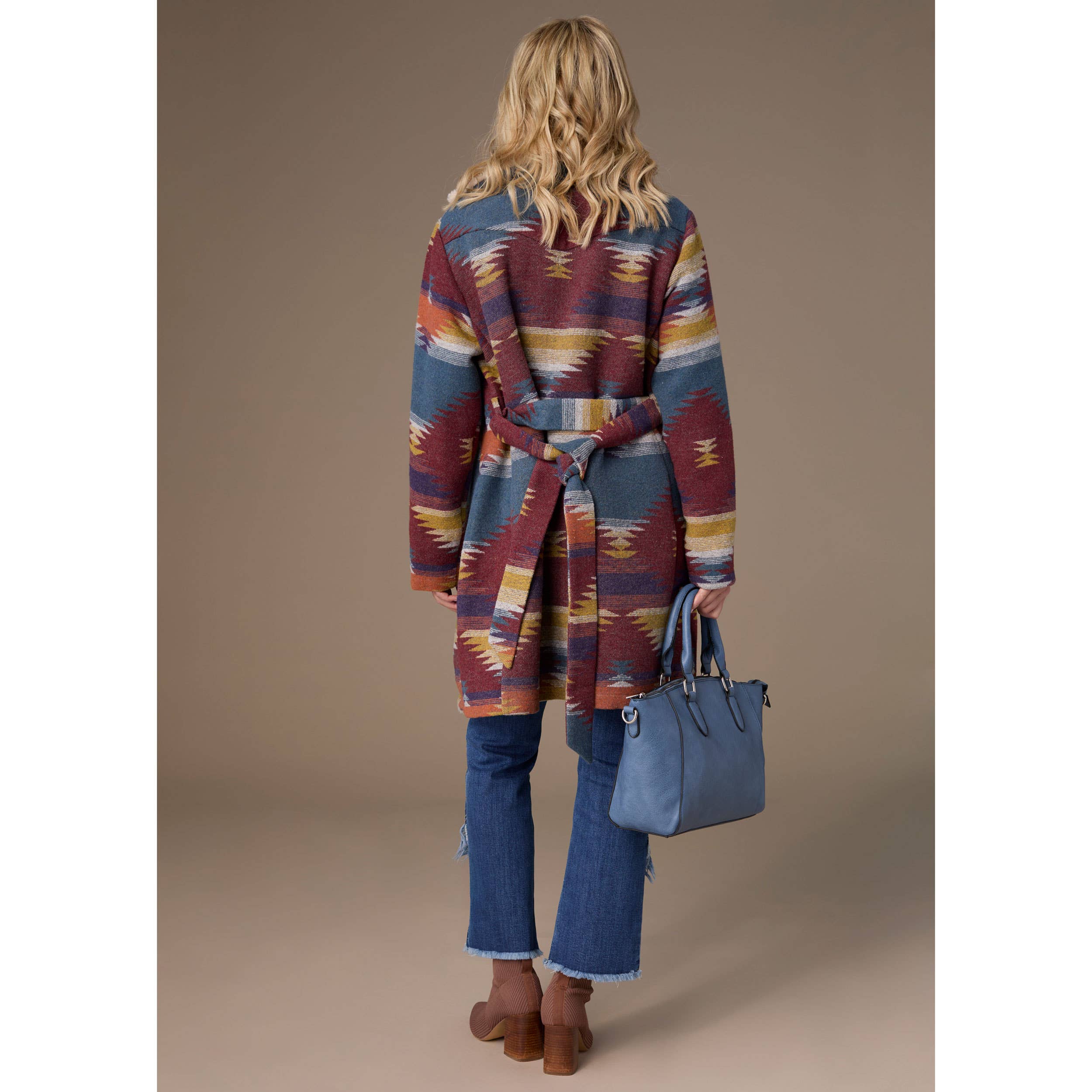 Rouille/Denim Surchemise imprimée aztèque ceinturée rubis en vente sur Faire5