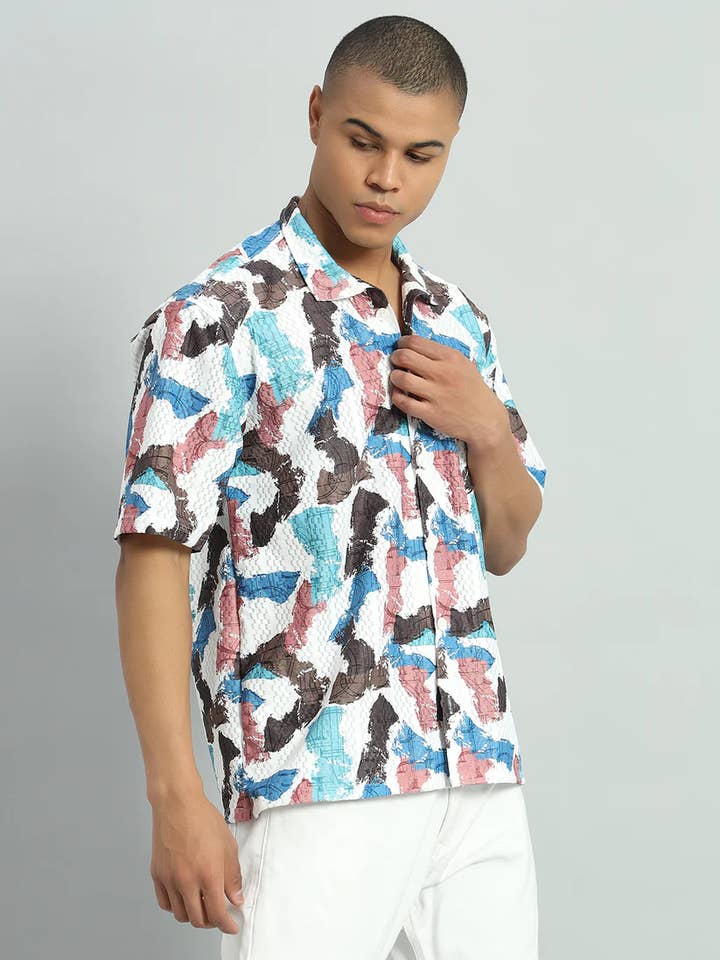 Camisas Casuais de Malha com Estampado Multicolorido de Manga Curta 100% por atacado de Colourjoylondon