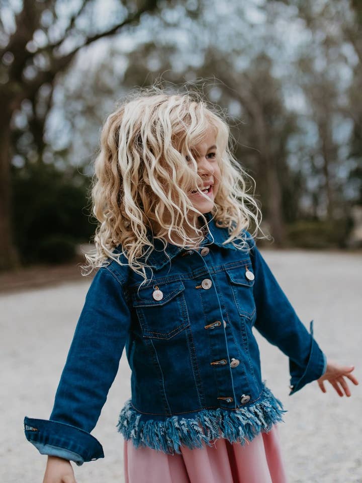 Kids Dark Denim Long Sleeve Fringe Fall Winter Button Jacket for wholesale by Oopsie Daisy