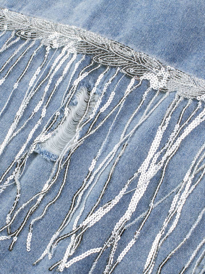 Sky Blue Sequin Embellished Fringe Distressed Denim Jacket for wholesale on Faire21