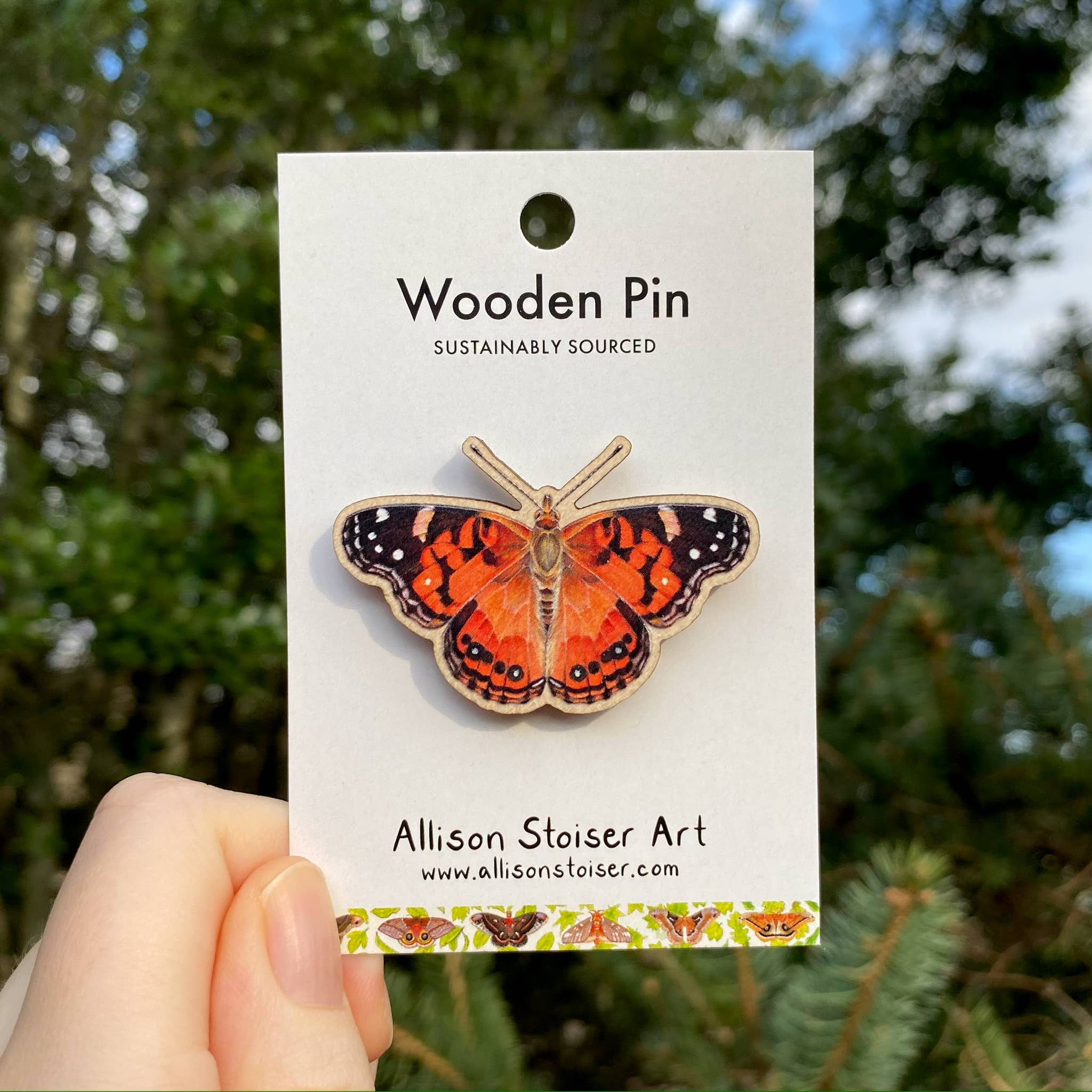 Allison Stoiser Art - Wholesale Lapel Pin/Button - American Painted Lady Butterfly Wooden Pin (Sustainable)