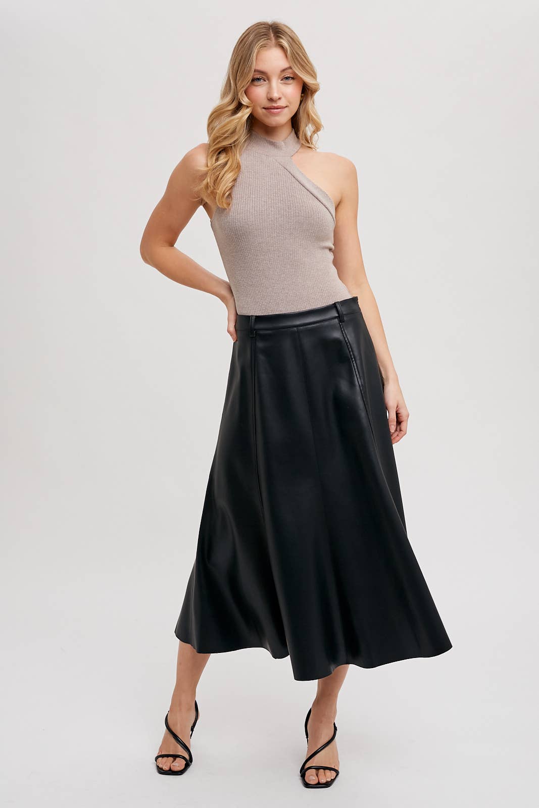 Bluivy - Wholesale Skirt - Women's - FAUX LEATHER FLARE MIDI SKIRT21