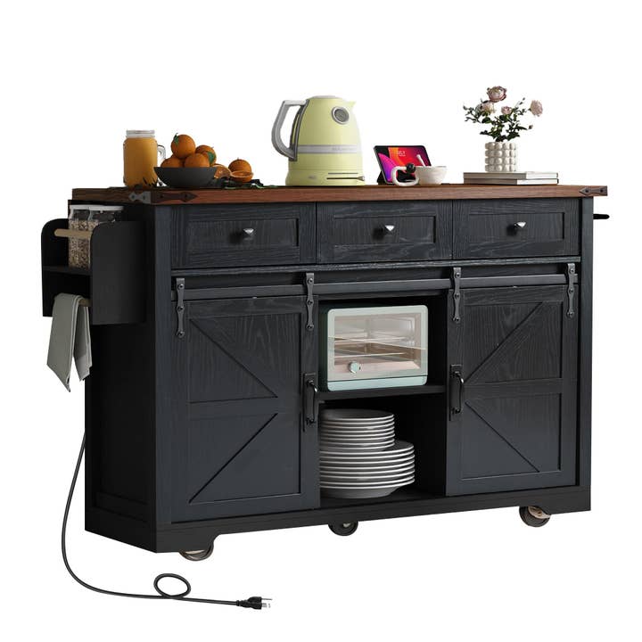 Orange County Decor - Wholesale Kitchen Storage/Organizer - K&K 53.7" Farmhouse Kitchen Island With Power Outlet, 2 Sliding Barn Door Kitchen Storage Island With Drop Leaf, Spice Rack Rolling Kitchen Cart On Wheels, For Home, Kitchen And Dining Room, Black27