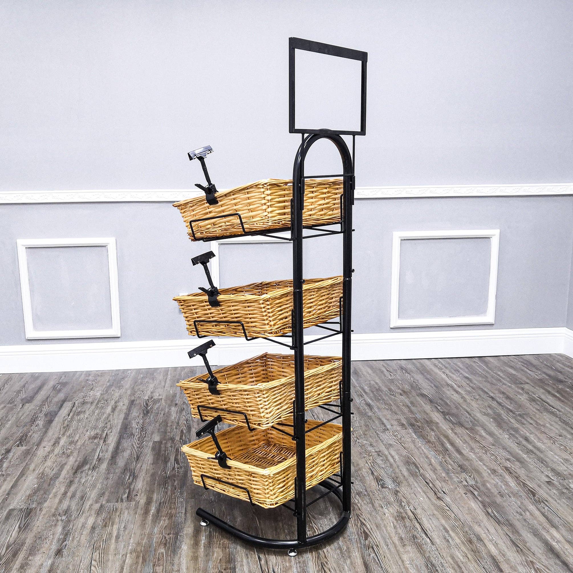 FIXTUREDISPLAYS - Wholesale Retailer Display Stand/Case - 4 Tier Basket Stand, Sign Clips, Wicker - Black 120006-NEW1