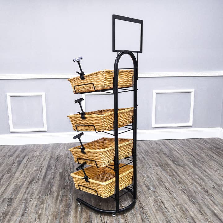 FIXTUREDISPLAYS - Wholesale Retailer Display Stand/Case - 4 Tier Basket Stand, Sign Clips, Wicker - Black 120006-NEW1