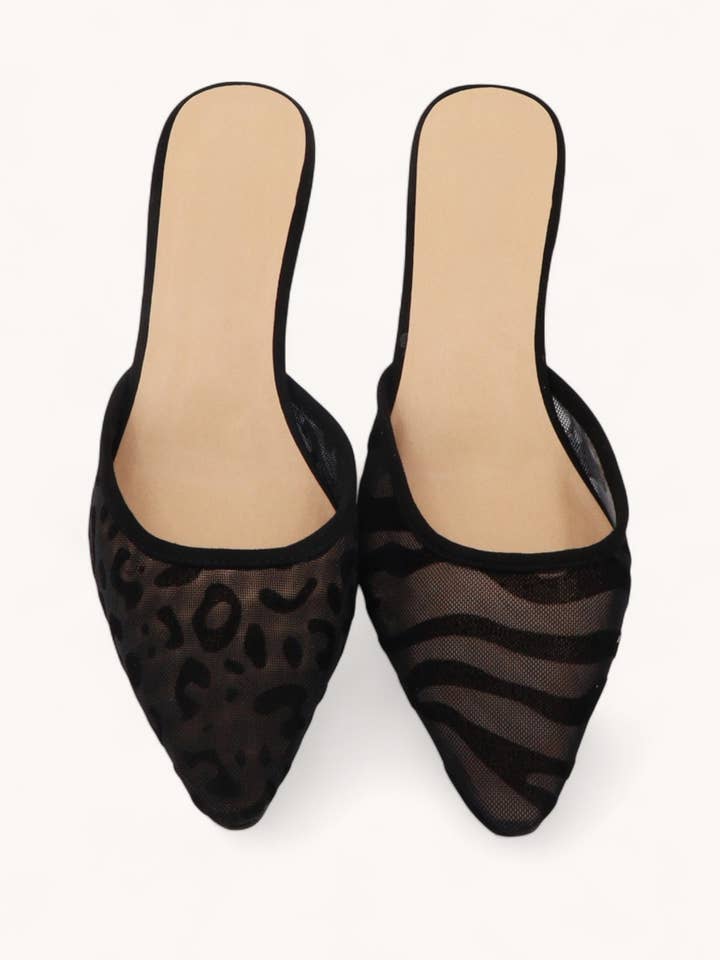 WEEKLY DEAL MESH LEOPARD POINTED TOE MULE HEEL for wholesale on Faire