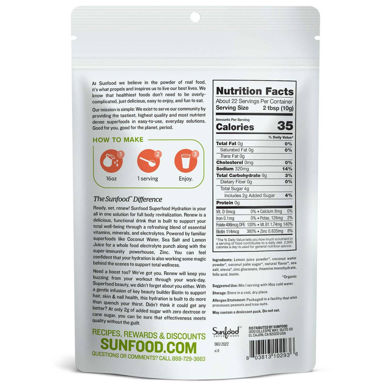 Sunfood Superfoods - Wholesale Protein/Superfood Powder - Superfood Hydration, Renew, 8oz1