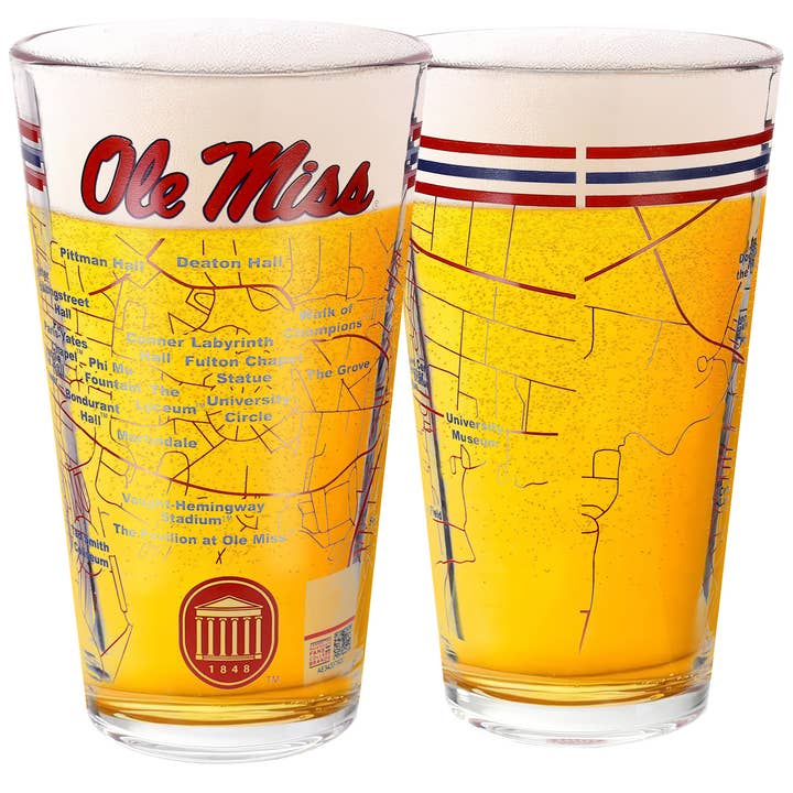 University of Mississippi Pint Glasses - Ole Miss Logo & Campus Map - Ole Miss Rebels Gift College Gift Idea Grads and Alumni (Set of 2) for wholesale by Greenline Goods