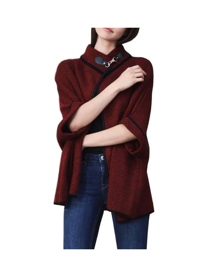 Fennco Styles - Wholesale Poncho - Women's - Knit Buckle Poncho Cape Jacket