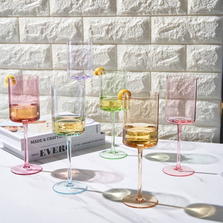The Wine Savant / Khen Glassware - Wholesale Wine Glass - Colored Square Crystal Wine Glasses | 6 Set, 12 OZ
