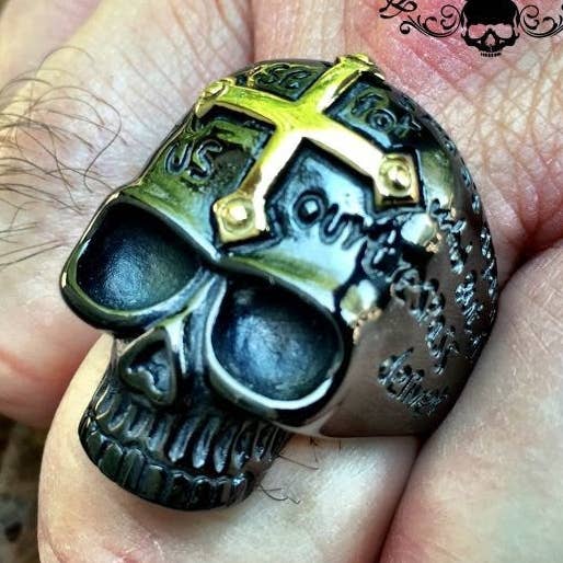 BLACK 'Lords Prayer' Skull Ring with Gold Cross on Forehead (#455) for wholesale by SkullJewelry.com