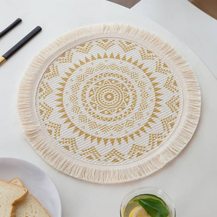 Fennco Styles – wholesale Bordstablett – Boho Mandala Fransad 13" rund bomullstablett4