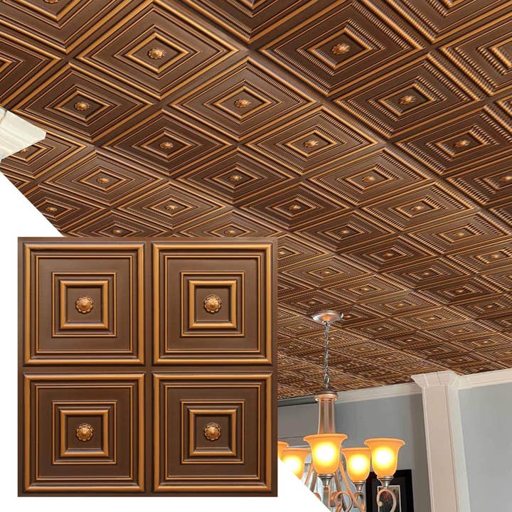 Dalles de plafond en PVC, 2 pi x 2 pi, à coller ou à encastrer, nettoyables, étanches - Patchwork rustique or antique pour la vente par Dundee Deco