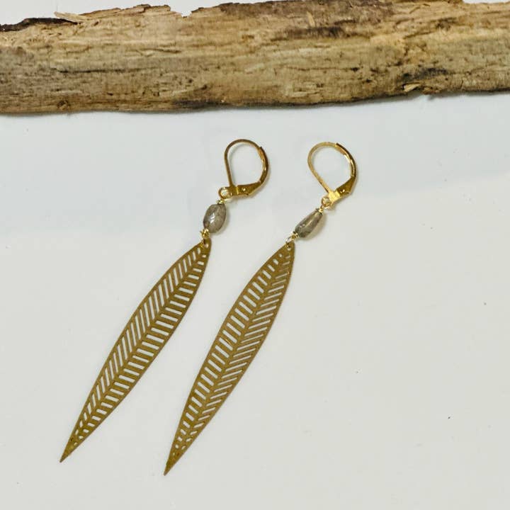 Labradorite Tail-Feather/Leaf Dangle Earrings for wholesale by Santore Jewelry Company