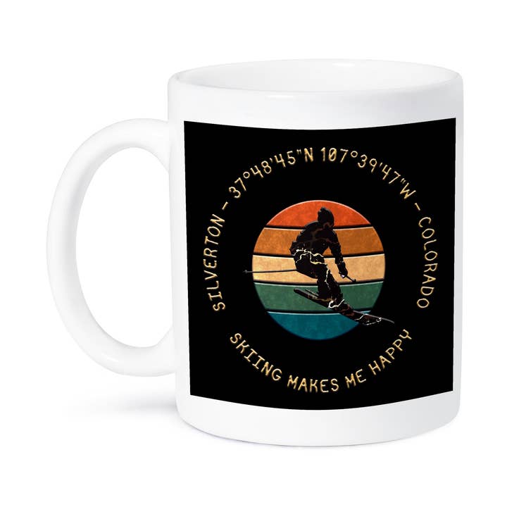 3dRose, Silverton, Colorado, USA. Man skier, yellow text on black nice gift, Mug for wholesale by 3dRose