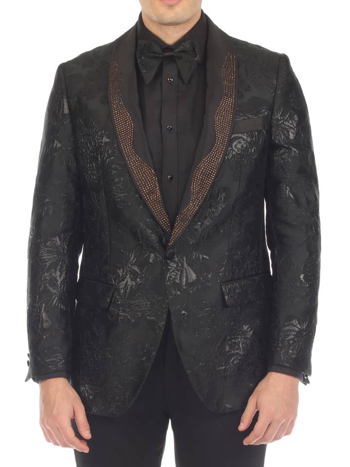 Blazer Slim Fit de Homem com Gola de Xale Preto Meia-Noite, 1 Botão, 2 Aberturas por atacado de Ferrecci