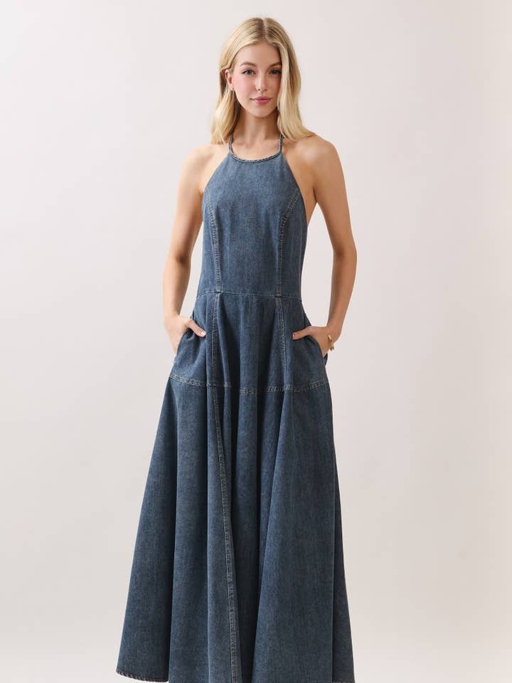 Washed Denim Sleeveless Halter Maxi Dress HD3399-DARK DENIM for wholesale by B I G H I T Fashion