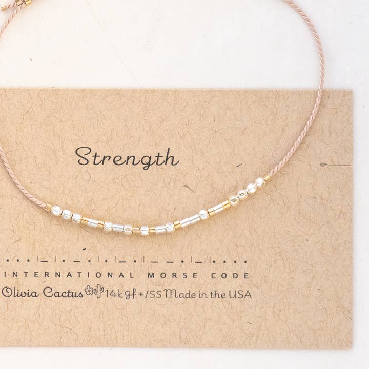 Strength or CUSTOM Word Morse Code Bracelet - Mila sku for wholesale by Morse and Dainty Hand Made Morse Code Dainty Jewelry