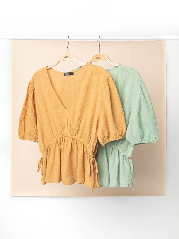 VT15118-Crinkled V Neck Peplum Blouse for wholesale by VERY J