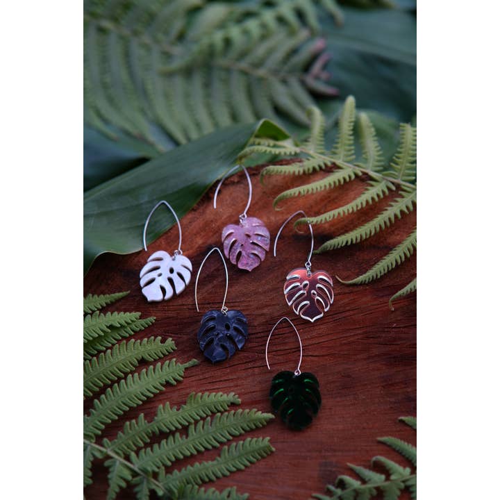 Monstera V-Hook Earrings - Laser Cut Acrylic for wholesale by Kaumana Crochet and Crafts
