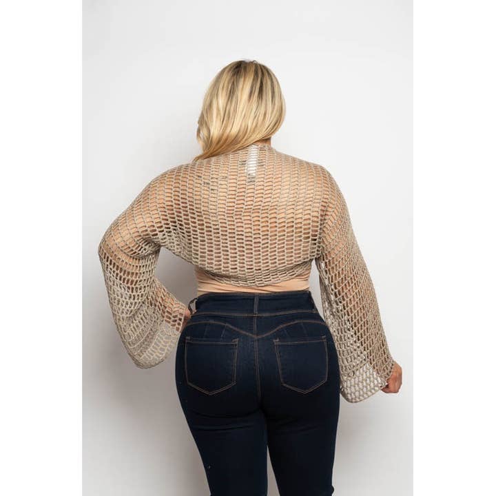 Curve Market - Vente Cardigan – femme - BOLÉRO COURT EN RÉSILLE À MANCHES LONGUES ET DEVANT OUVERT DE TAILLE NORMALE C