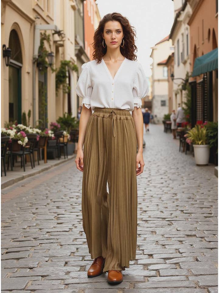 Kurt Muller – wholesale Pants – Women's – Premium Italian Plisse Wide Leg Palazzo Trousers1