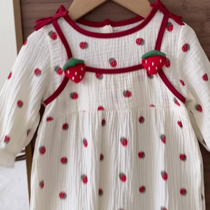 Red Autumn Arrival Baby Girls Long Sleeves Crew Neck Strawberry Pattern Rompers for wholesale on Faire7