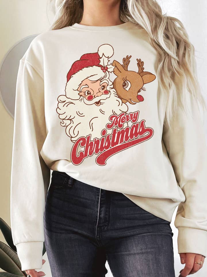 Rustee Clothing - Wholesale Graphic Sweatshirt - Women's - SANTA AND RUDOLPH GRAPHIX TERRY SWEATSHIRTS
