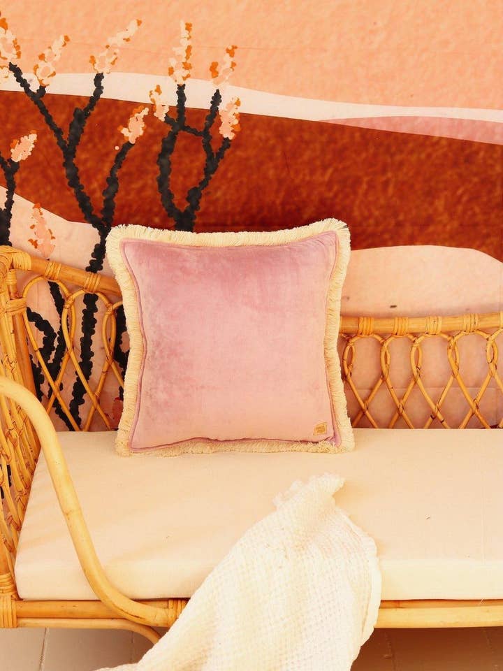 "Light pink" soft velvet pillow with fringe for wholesale by Moi Mili