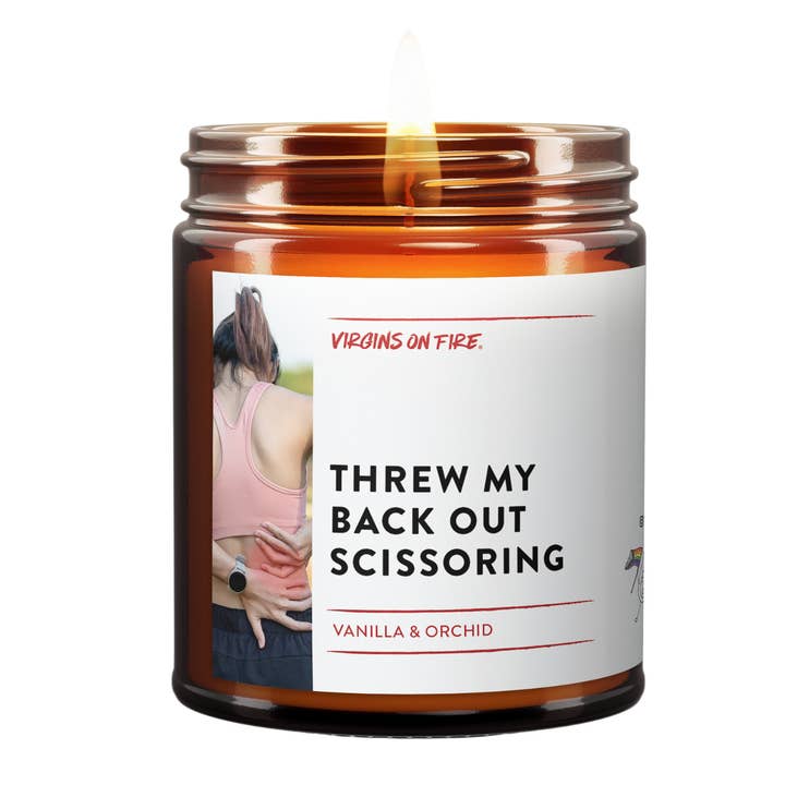 THREW OUT MY BACK SCISSORING (Vanilla & Orchid) LGBTQ Candle for wholesale by Virgins On Fire Candle Co.