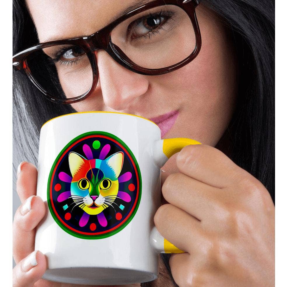 3dRose – wholesale Coffee mug – 3dRose, Smiling cat face. Colorful digital art. Round geometrical frame gift, Mug1