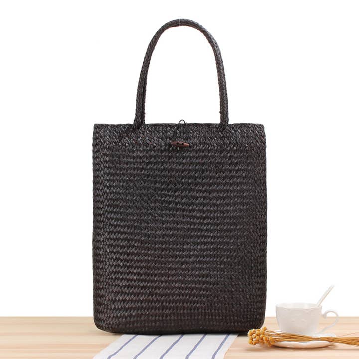 Superbia - Wholesale Tote Bag - Women's - Large Flat Vintage Tote Bag Straw Bag with Buttons Fastening