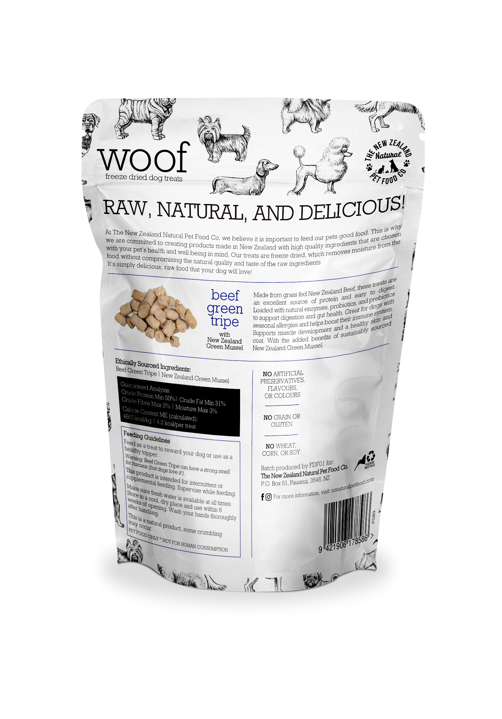 The New Zealand Natural Pet Food Co - Wholesale Pet Treats - Dog - Woof Beef Green Tripe Treats 1.4oz1